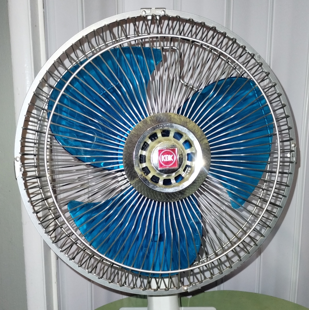 Vintage retro Blue KDK full automatic oscillating 3 speed Fan